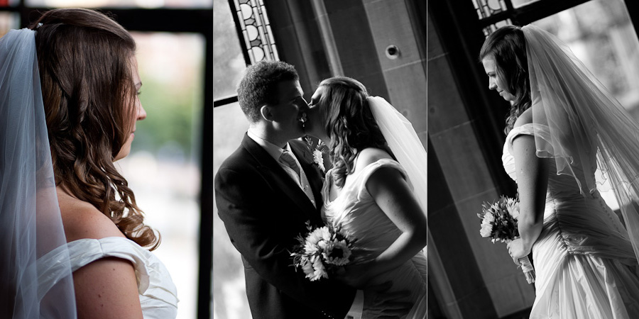 Bridal portraits in Manchester Town Hall, looking out of the large bay windows