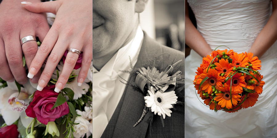 Wedding flower detail photographs - hands on the bridal bouquet, groom's buttonhole, and bride holding her orange bouquet