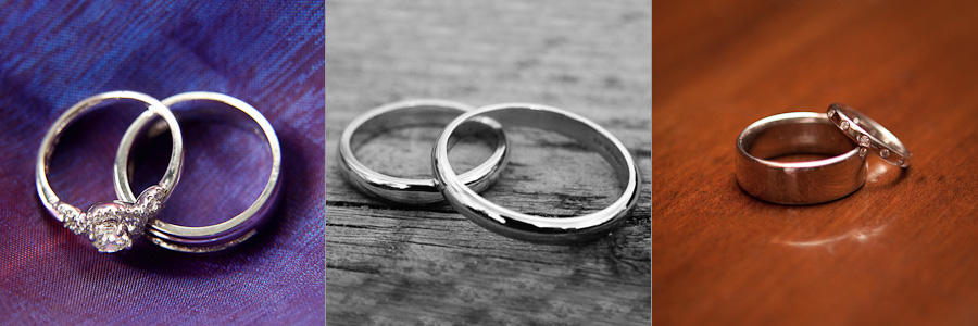 Detail photographs of three pairs of wedding rings