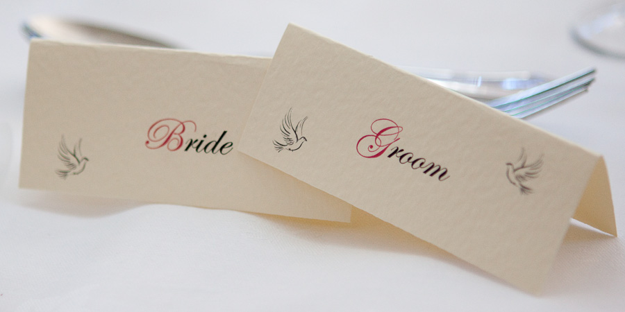 Bride and Groom name cards at wedding reception in Manchester