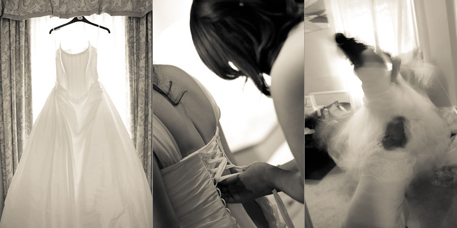 The wedding dress is put on, and the bridesmaids help the bride to dress