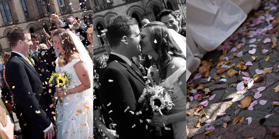 Action confetti photography at Manchester wedding, bride and groom smiling all the way...