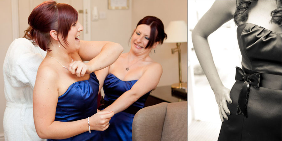 Bridesmaids have fun as they put their dresses on